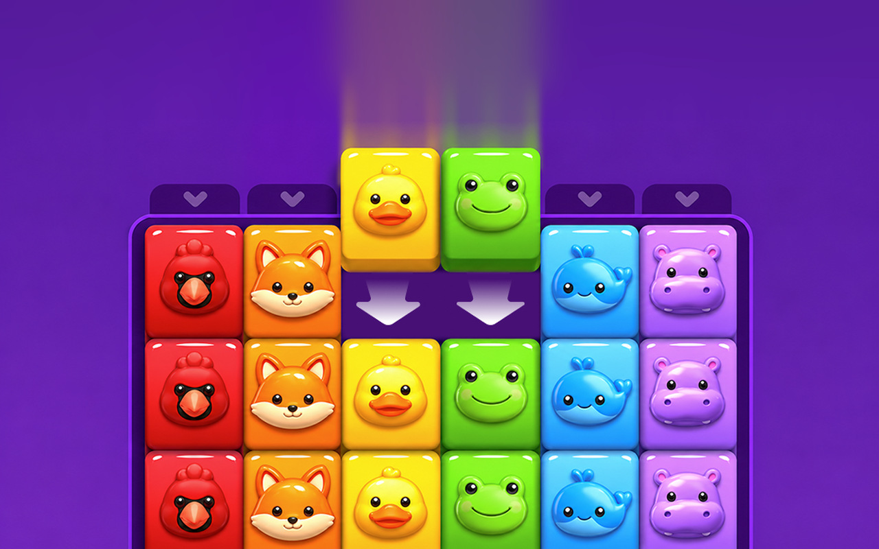 Card Stack: glossy animal tiles with a duck and a frog dropping into place