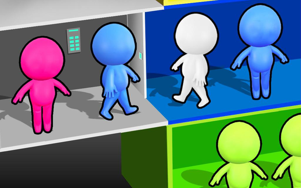 Elevator Sorting: people riding the elevator next to coloured floors