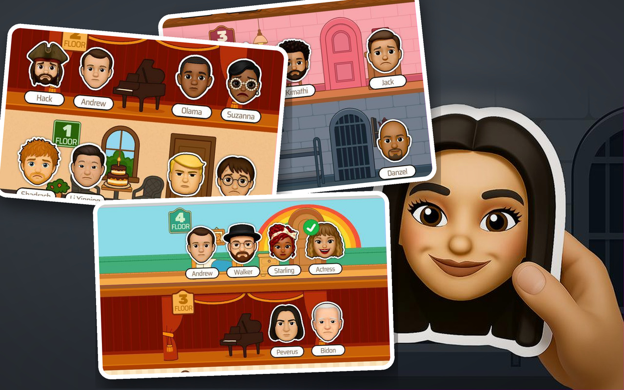 Room Quest: game screens with residents on each floor and the icon's sticker held in a hand